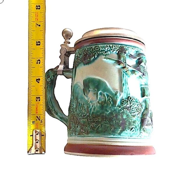 Vintage German Beer Stein Blue Green Glaze Hunter after Deer Hinged Pewter Lid - Picture 8 of 9